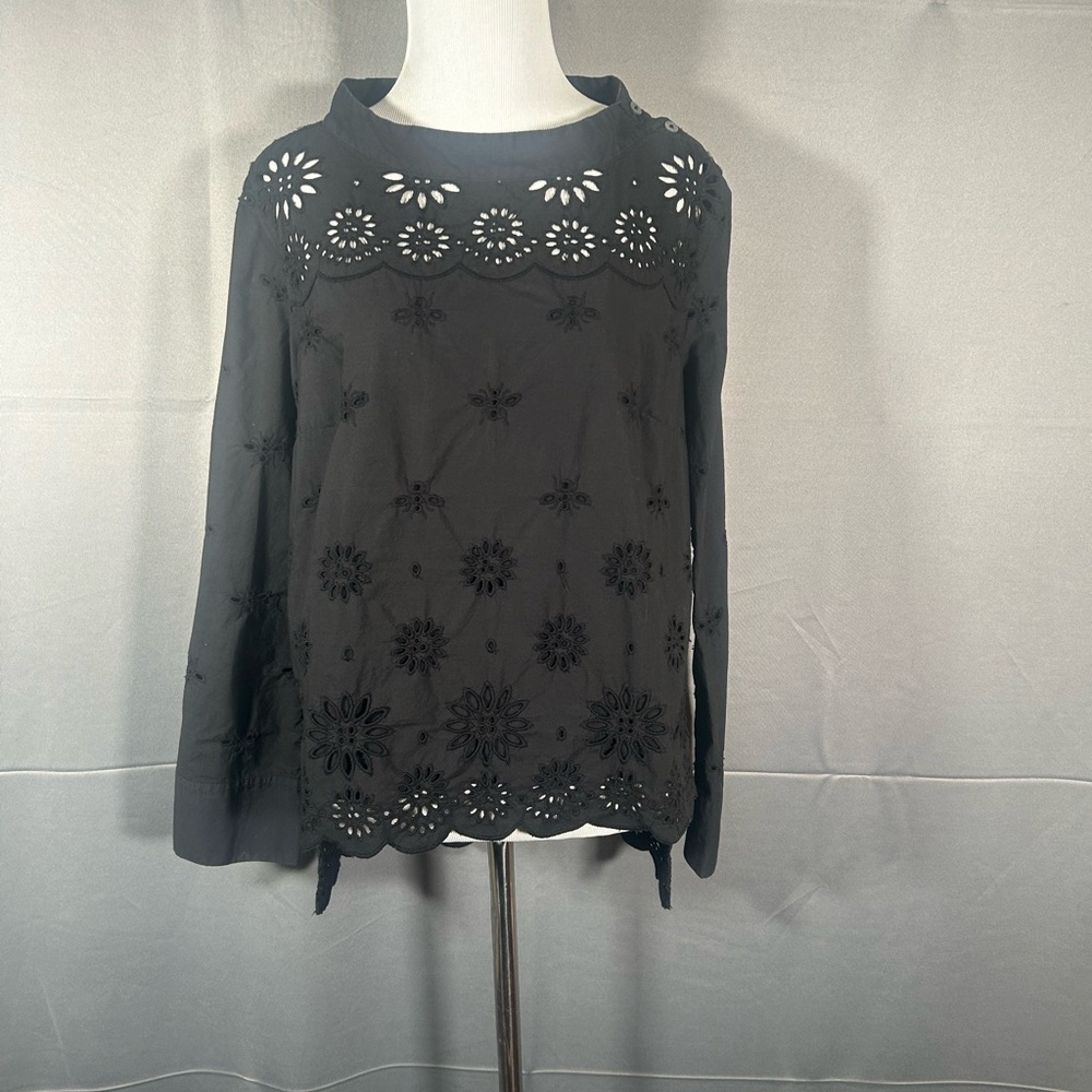 J. Crew Black Cotton Funnelneck Top with Bumblebee Eyelets - Picture 2 of 4